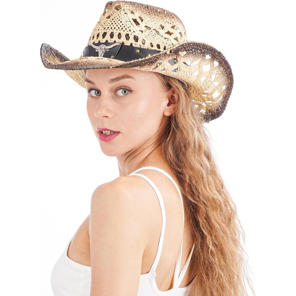 Women's Straw Wide with Shapeable Brim Cowboy Hat White/Black Almond & Coffee - Picture 5 of 6